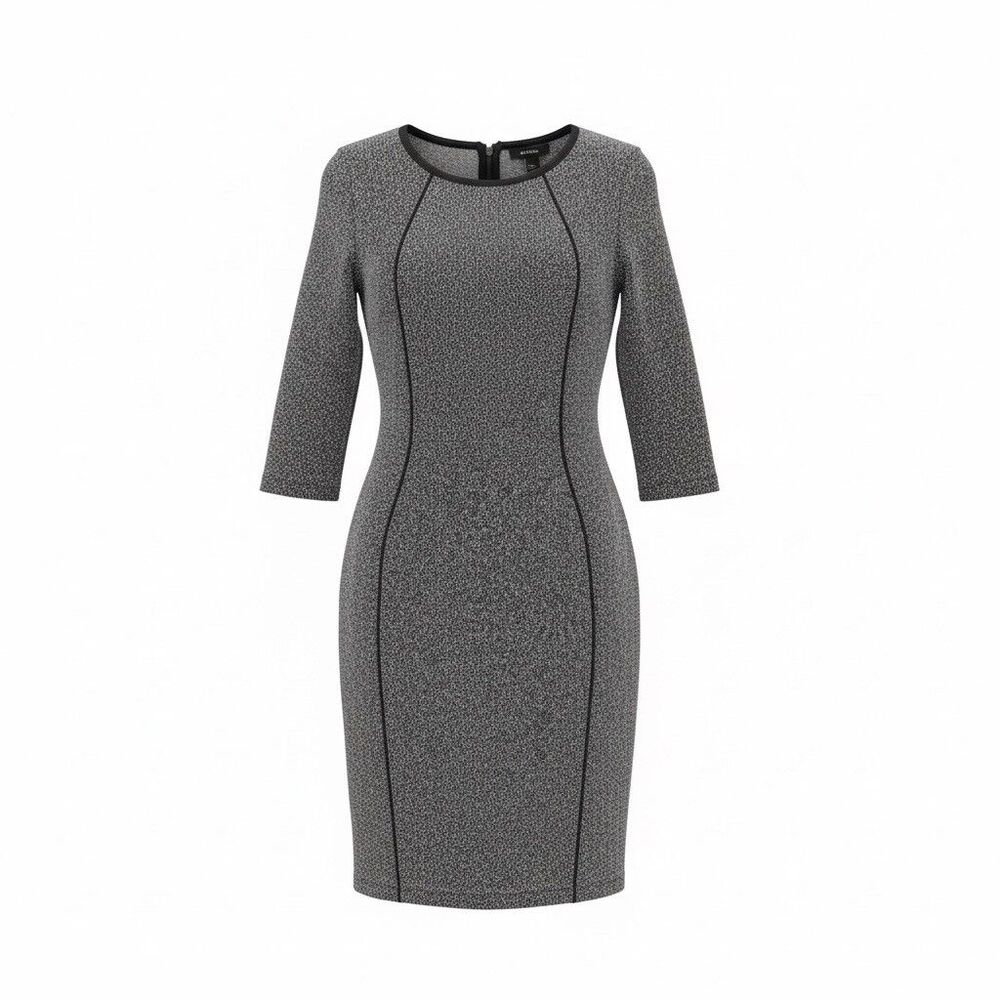 H&M Lana Del Rey Grey Tweed Bodycon Dress Faux Leather Piping 3/4 Sleeve Size S